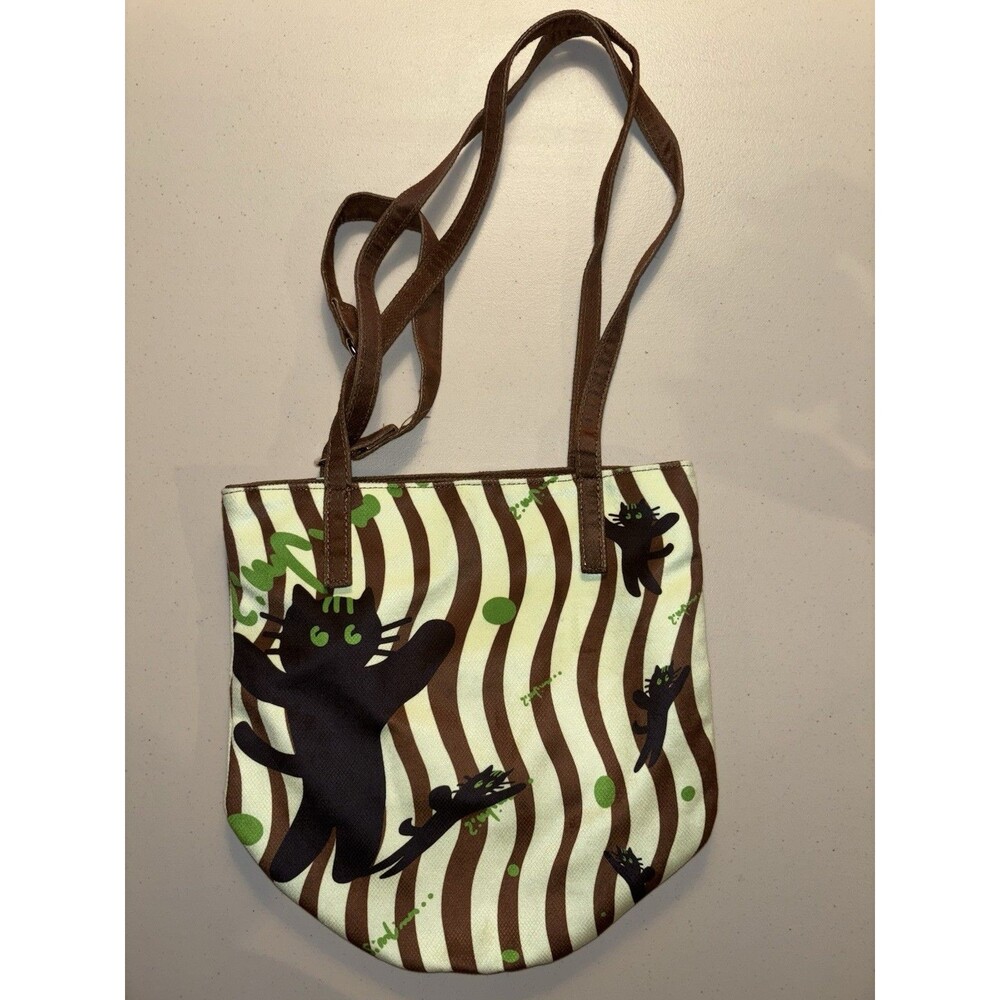 Abstract Green and Brown Black Cat Canvas Bag Purse